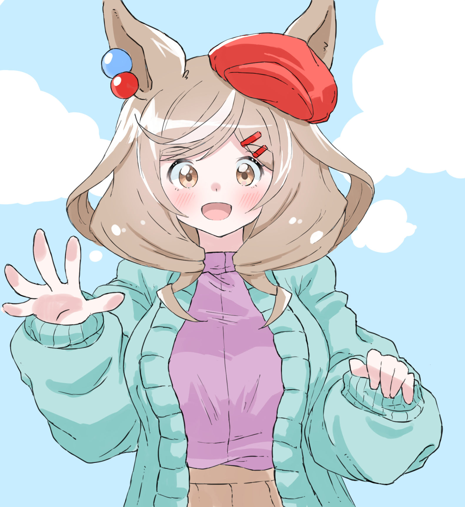 norippe (user zgsf8872), matikanetannhauser (umamusume), umamusume, commentary request, highres, 1girl, :d, animal ears, blue jacket, blue sky, blush, breasts, brown eyes, brown hair, brown skirt, cloud, day, ears through headwear, hair ornament, hairclip, hat, horse ears, jacket, long hair, long sleeves, looking at viewer, matikanetannhauser (casual) (umamusume), medium breasts, multicolored hair, newsboy cap, open clothes, open jacket, open mouth, outdoors, pleated skirt, puffy long sleeves, puffy sleeves, purple shirt, red hat, shirt, skirt, sky, sleeves past wrists, smile, solo, streaked hair, tilted headwear