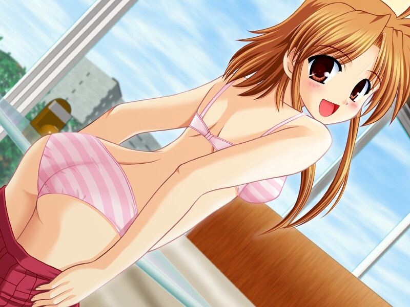suzumiya kazuki, minakami haruna, omatase! jambalaya, game cg, source request, 1girl, back, blush, bra, brown hair, female focus, lingerie, looking back, open mouth, panties, red eyes, restaurant, solo, striped bra, striped clothes, striped panties, underwear, underwear only, undressing