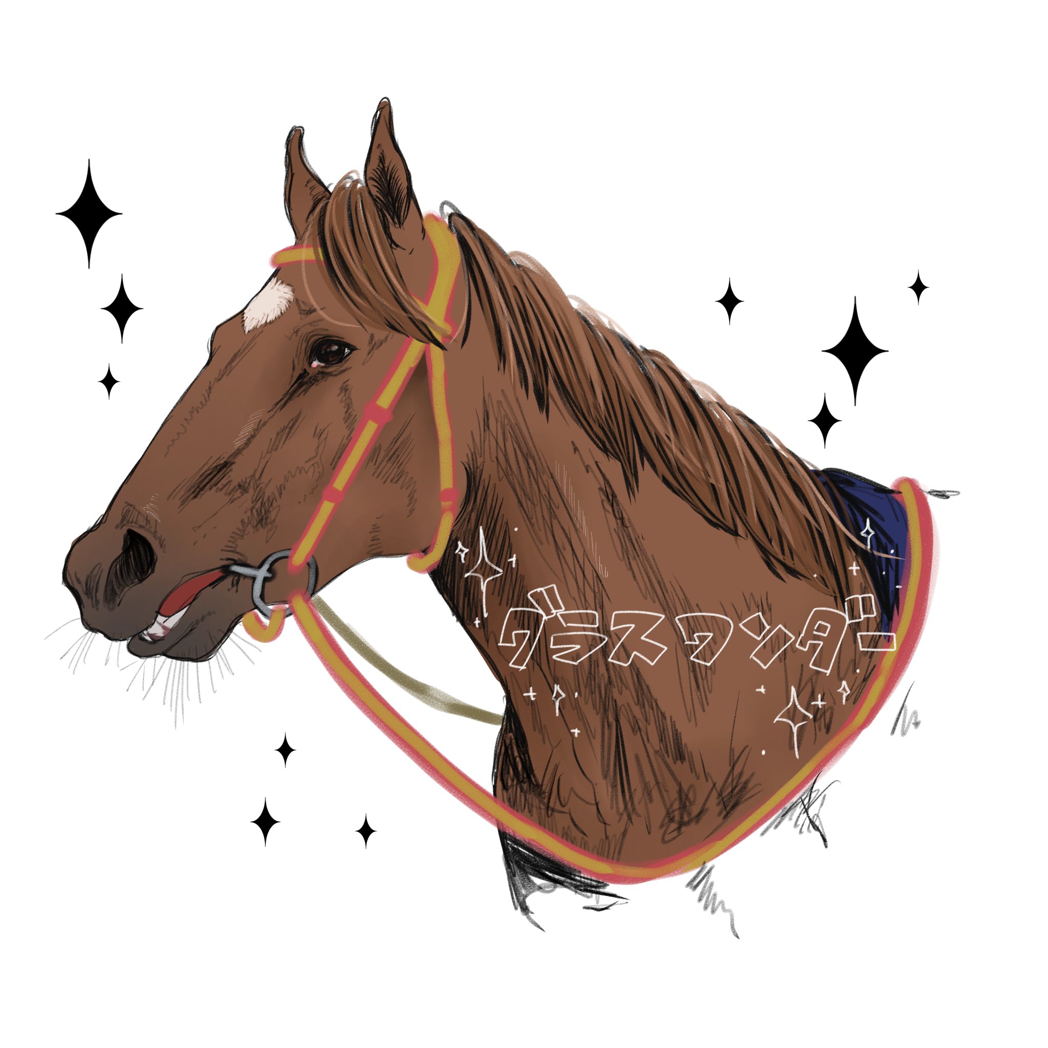 akiyama1107, grass wonder (racehorse), real life, commentary request, highres, animal focus, brown horse, character name, horse, mane, no humans, open mouth, reins, simple background, solo, star (symbol), teeth