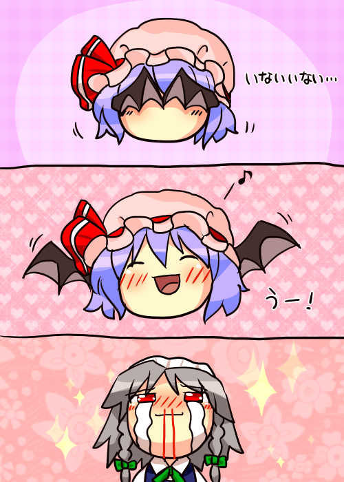 sakurano, izayoi sakuya, remilia scarlet, touhou, 1girl, ^ ^, blood, closed eyes, comic, female focus, hat, musical note, nosebleed, playing, quaver, solo, wings, yukkuri shiteitte ne