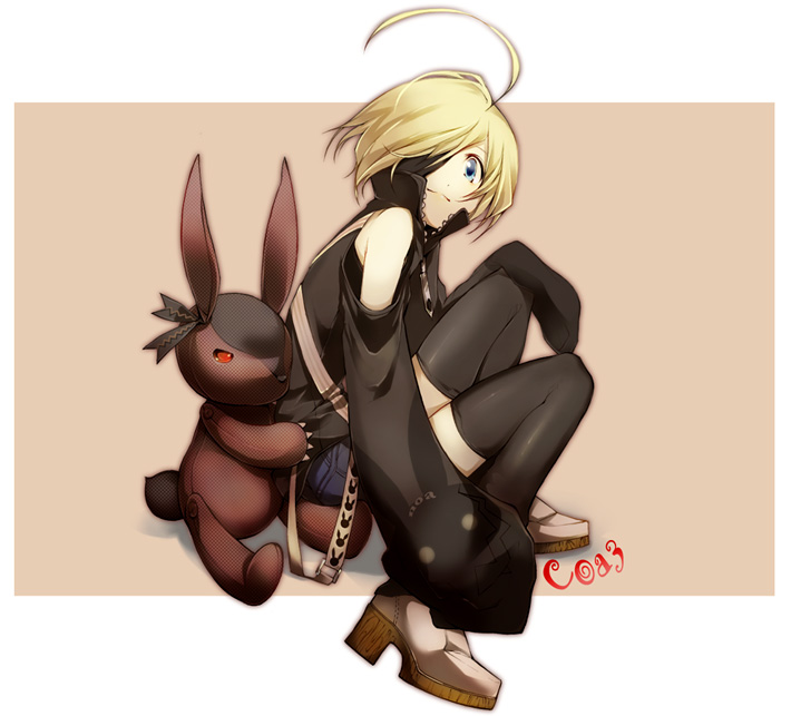 tsujisaki, bad id, bad pixiv id, 1girl, ahoge, blonde hair, blue eyes, eyepatch, female focus, short hair, sitting, smile, solo, stuffed animal, stuffed rabbit, stuffed toy, thighhighs