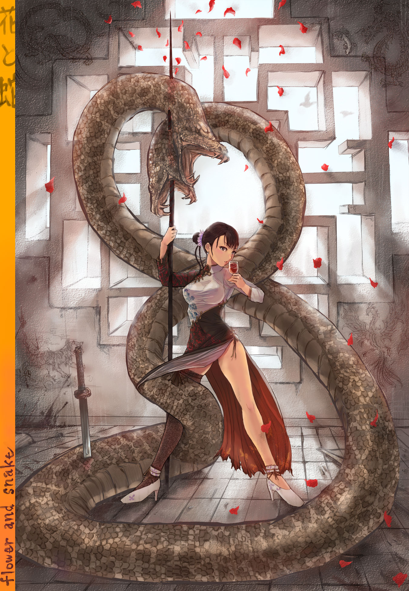 honoji, original, highres, 1girl, alcohol, asymmetrical clothes, brown hair, china dress, chinese clothes, dress, female focus, high heels, katana, polearm, shoes, short hair, single thighhigh, snake, solo, spear, sword, thighhighs, thighs, weapon, wine
