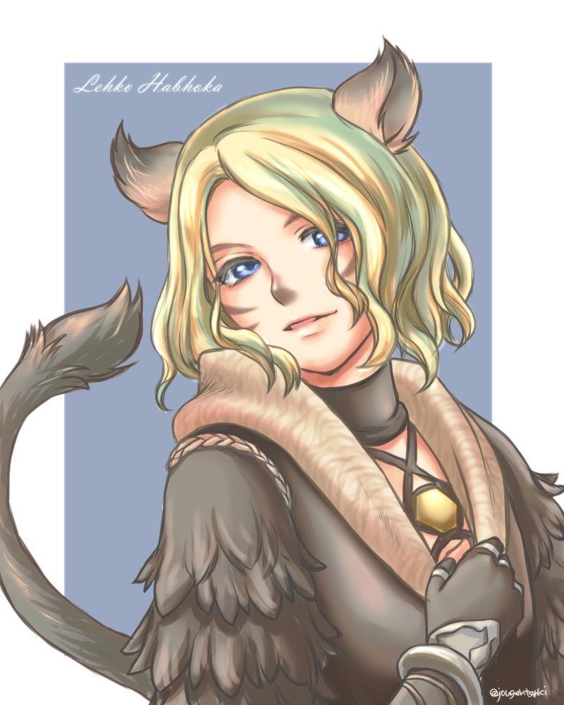 saku ff11, lehko habhoka, mithra (ff11), final fantasy, final fantasy xi, 1boy, animal ears, blonde hair, blue eyes, cat boy, cat ears, cat tail, character name, facial mark, looking at viewer, male focus, parted lips, short hair, smirk, solo, tail, upper body, whisker markings