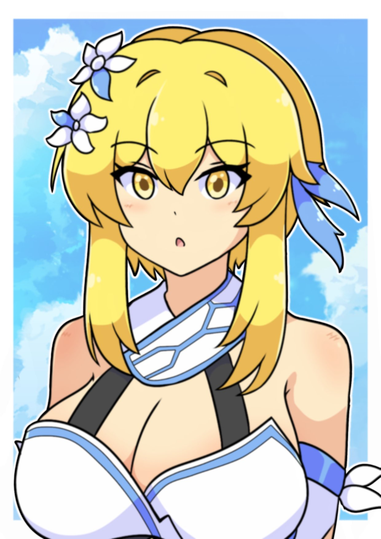 neferkitty, lumine (genshin impact), genshin impact, highres, 1girl, arm cutout, bare shoulders, blonde hair, blue trim, blush, breasts, clothing cutout, dress, feather hair ornament, feathers, flower, hair between eyes, hair flower, hair ornament, looking at viewer, multicolored flower, open mouth, romper, scarf, short hair, white dress, white flower, white romper, white scarf, yellow eyes