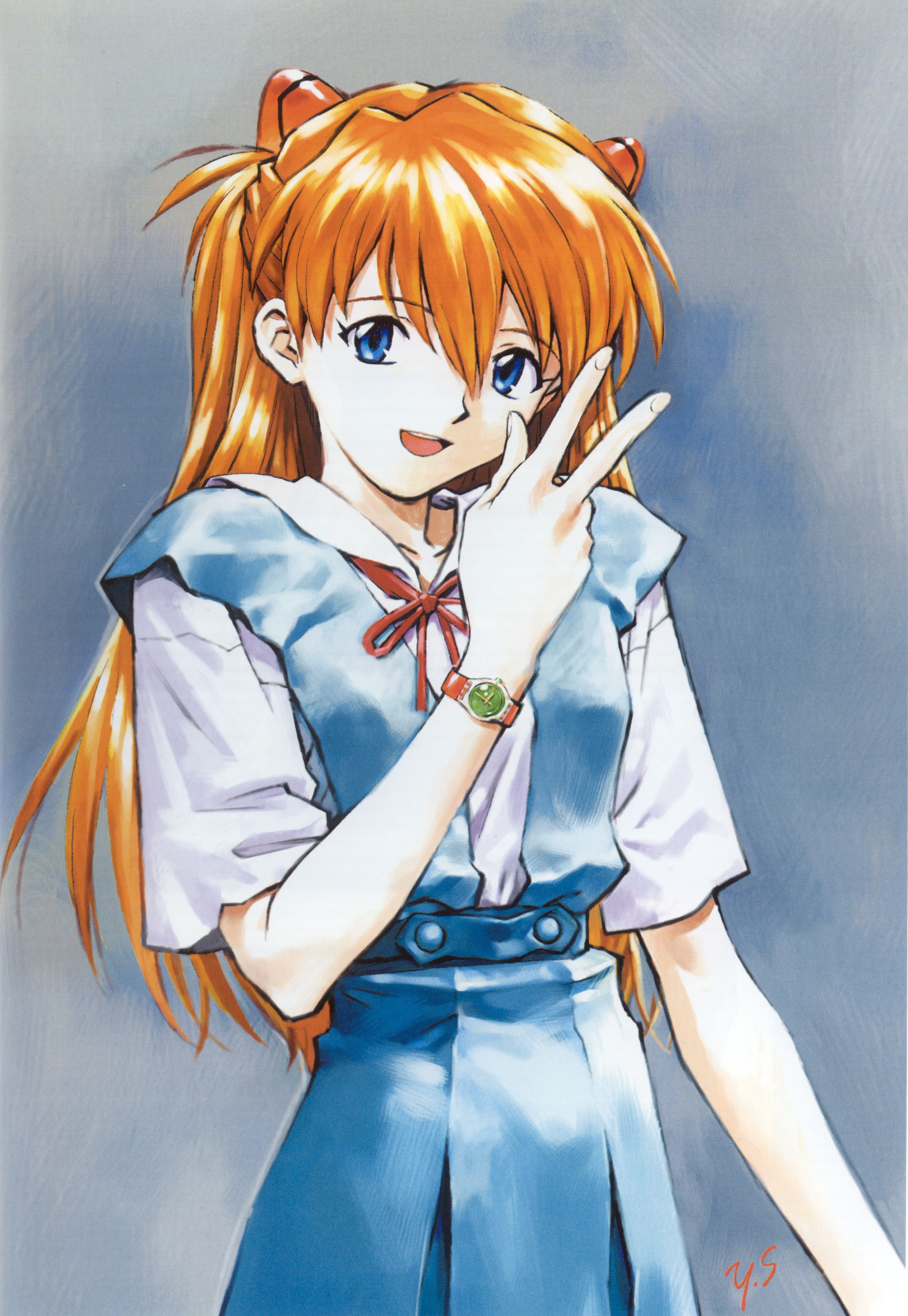 sadamoto yoshiyuki, souryuu asuka langley, neon genesis evangelion, absurdres, highres, official art, scan, 1girl, :d, blue eyes, breasts, buttons, collared shirt, cowboy shot, female focus, hair between eyes, hair ornament, happy, long hair, looking at viewer, neck ribbon, open mouth, orange hair, pleated skirt, red hair, ribbon, school uniform, serafuku, shirt, short sleeves, signature, simple background, skinny, skirt, small breasts, smile, solo, suspender skirt, suspenders, two side up, v, watch, wristwatch