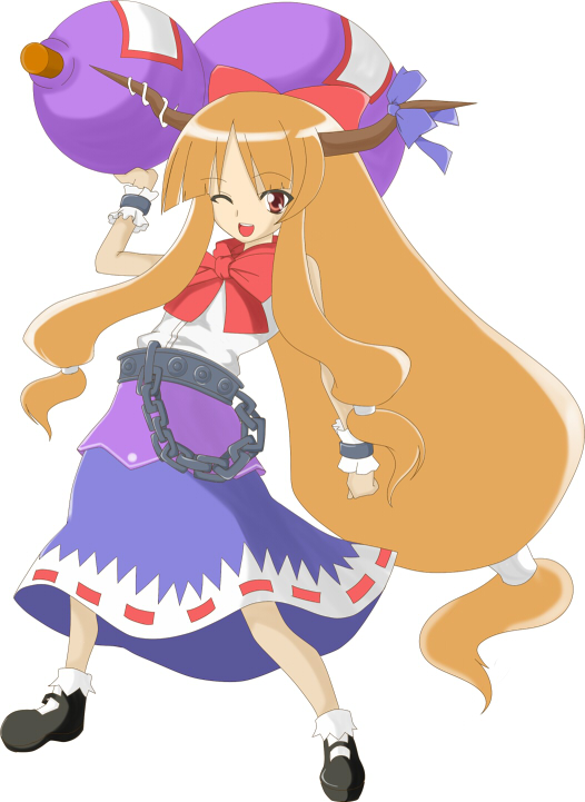 chika (artist), ibuki suika, touhou, 1girl, belt, chain, female focus, gourd, horns, long hair, looking at viewer, one eye closed, open mouth, orange eyes, orange hair, red eyes, shoes, simple background, solo, very long hair, white background, wink