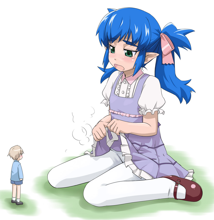 youkan, klan klein, mikhail buran, zentradi, macross, macross frontier, bad id, bad pixiv id, 00s, 1boy, 1girl, aged down, blue hair, blush, clothes lift, giant, giantess, green eyes, loli, long hair, pantyhose, pointy ears, shota, skirt, skirt lift, tears, twintails, white pantyhose