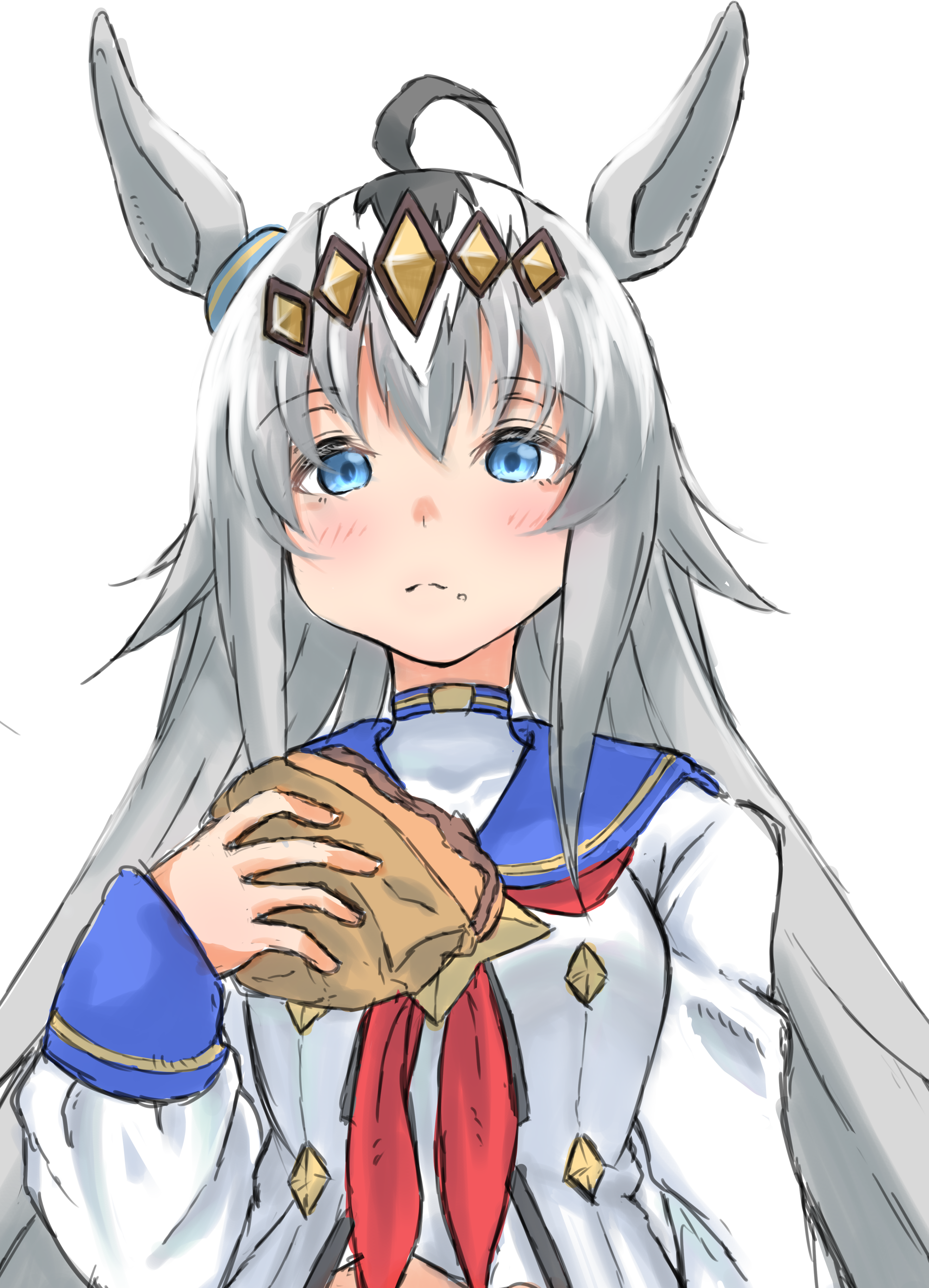 norippe (user zgsf8872), oguri cap (starlight beat) (umamusume), oguri cap (umamusume), umamusume, absurdres, commentary request, highres, 1girl, ahoge, animal ears, black hair, blue eyes, blue sailor collar, closed mouth, eating, food, food on face, grey hair, holding, holding food, horse ears, long hair, long sleeves, multicolored hair, sailor collar, shirt, simple background, sleeves past wrists, solo, two-tone hair, upper body, white background, white hair, white shirt