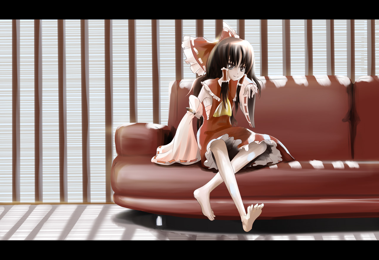 kasaiji, hakurei reimu, touhou, 1girl, barefoot, detached sleeves, female focus, indoors, japanese clothes, letterboxed, miko, sarashi, solo