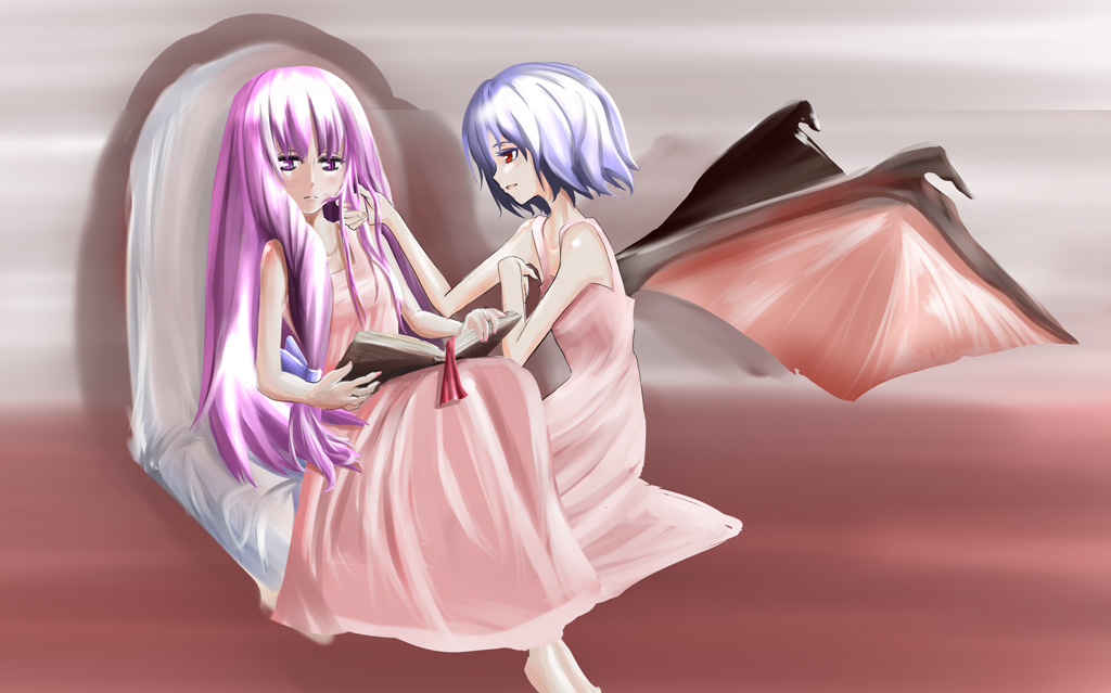 kasaiji, patchouli knowledge, remilia scarlet, embodiment of scarlet devil, touhou, 2girls, bat wings, blue hair, book, female focus, multiple girls, purple hair, red eyes, wings