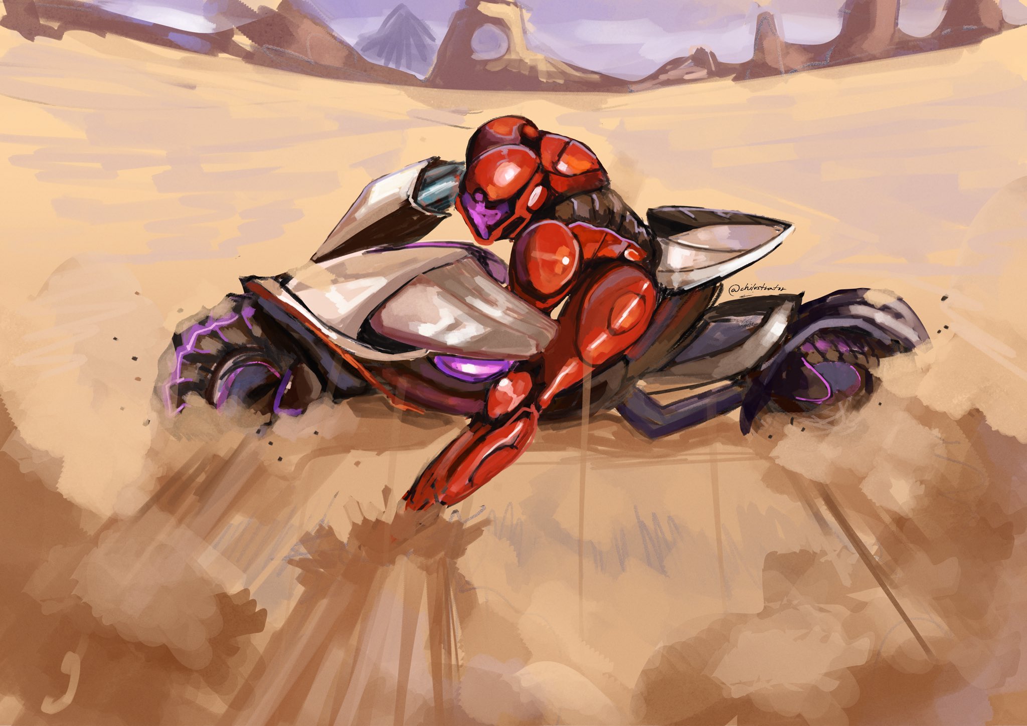 samus aran, metroid, metroid prime 4: beyond, nintendo, commentary, highres, 1girl, akira slide, arm cannon, armor, assault visor, chilustrator, desert, drifting, looking at viewer, motor vehicle, motorcycle, power suit (metroid), purple visor, shoulder armor, solo, twitter username, vi-o-la, vi-o-la suit, weapon