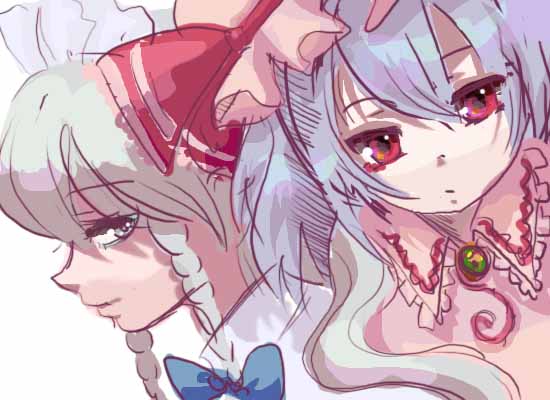 katari, izayoi sakuya, remilia scarlet, touhou, bad id, bad pixiv id, 2girls, albino, female focus, multiple girls, red eyes, white hair