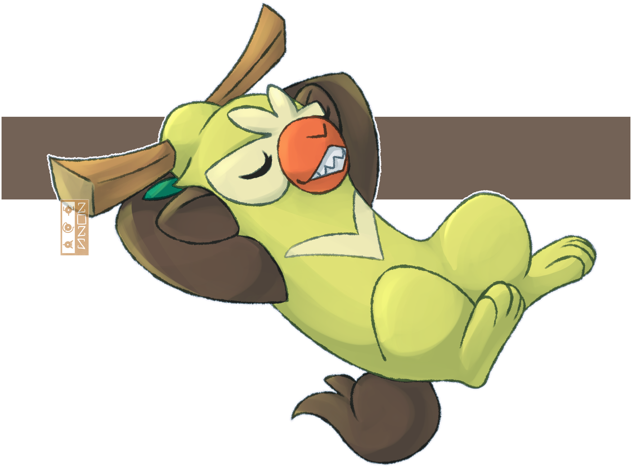 dualcosmog, thwackey, nintendo, pokemon, highres, arms behind head, artist logo, closed eyes, gen 8 pokemon, green fur, grin, logo, pokemon (creature), smile, solo