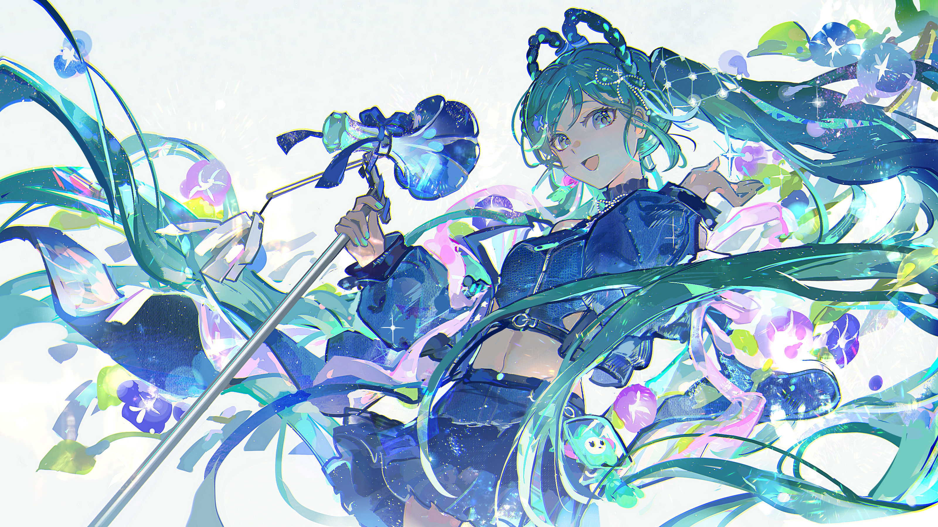 mento, hatsune miku, magical mirai miku, magical mirai miku (2025), magical mirai (vocaloid), vocaloid, absurdres, commentary request, highres, 1girl, :d, aqua eyes, aqua hair, aqua nails, blue eyes, blue skirt, blue theme, braid, braided hair rings, crop top, flower, hair ornament, hair rings, holding, holding microphone stand, jacket, long hair, long sleeves, looking at viewer, microphone stand, midriff, navel, open mouth, simple background, skirt, smile, solo, twintails, very long hair, white background