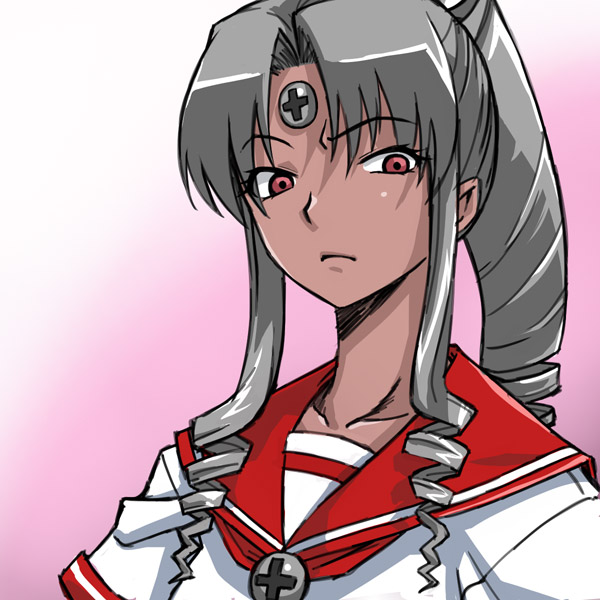 michael f91, vista-tan, vistake, os-tan, silver hair, 1girl, dark-skinned female, dark skin, drill hair, female focus, long hair, looking at viewer, red eyes, school uniform, serafuku, solo, staring
