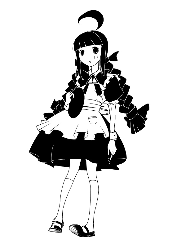 aki toshi, me-tan, os-tan, ahoge, apron, bow, braid, cuffs, greyscale, hair bow, long hair, maid, maid apron, monochrome, socks, solo, standing, tray, twin braids, wrist cuffs