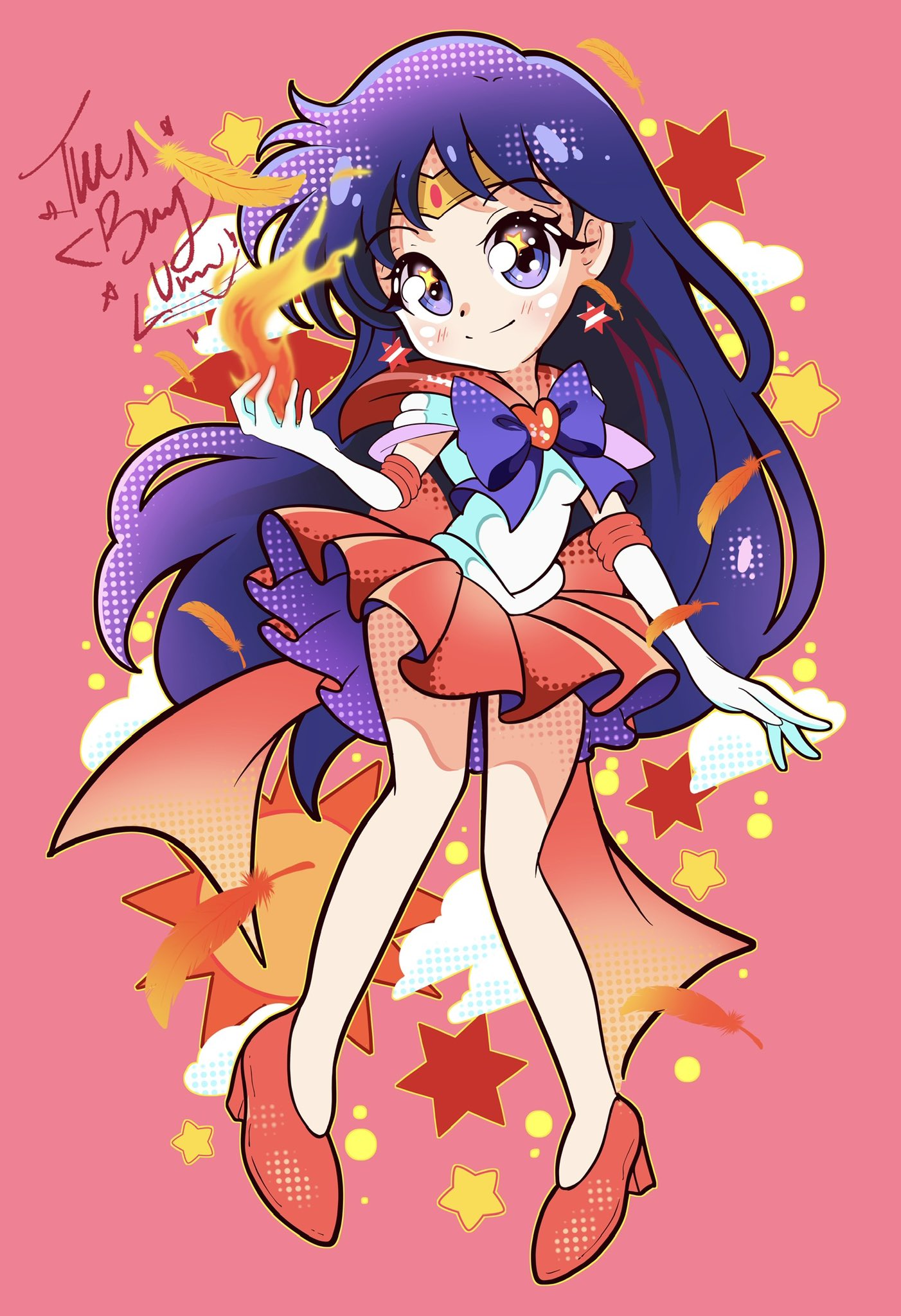 happynaru23, hino rei, sailor mars, super sailor mars, bishoujo senshi sailor moon, bishoujo senshi sailor moon supers, highres, 1girl, back bow, black hair, bow, bowtie, brooch, choker, earrings, elbow gloves, fire, gem, gloves, heart, heart brooch, jewelry, looking at viewer, magical girl, purple bow, purple bowtie, purple eyes, pyrokinesis, red brooch, red gemstone, red sailor collar, red skirt, sailor collar, sailor senshi uniform, shirt, six pointed star, skirt, smile, solo, star (symbol), star choker, star earrings, sun, white gloves, white shirt