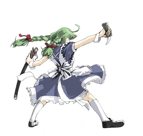 aki toshi, me-tan, os-tan, 1girl, ahoge, apron, bow, braid, cuffs, female focus, frills, from behind, green hair, hair bow, katana, maid, maid apron, perspective, socks, solo, standing, sword, twin braids, twintails, weapon, wrist cuffs
