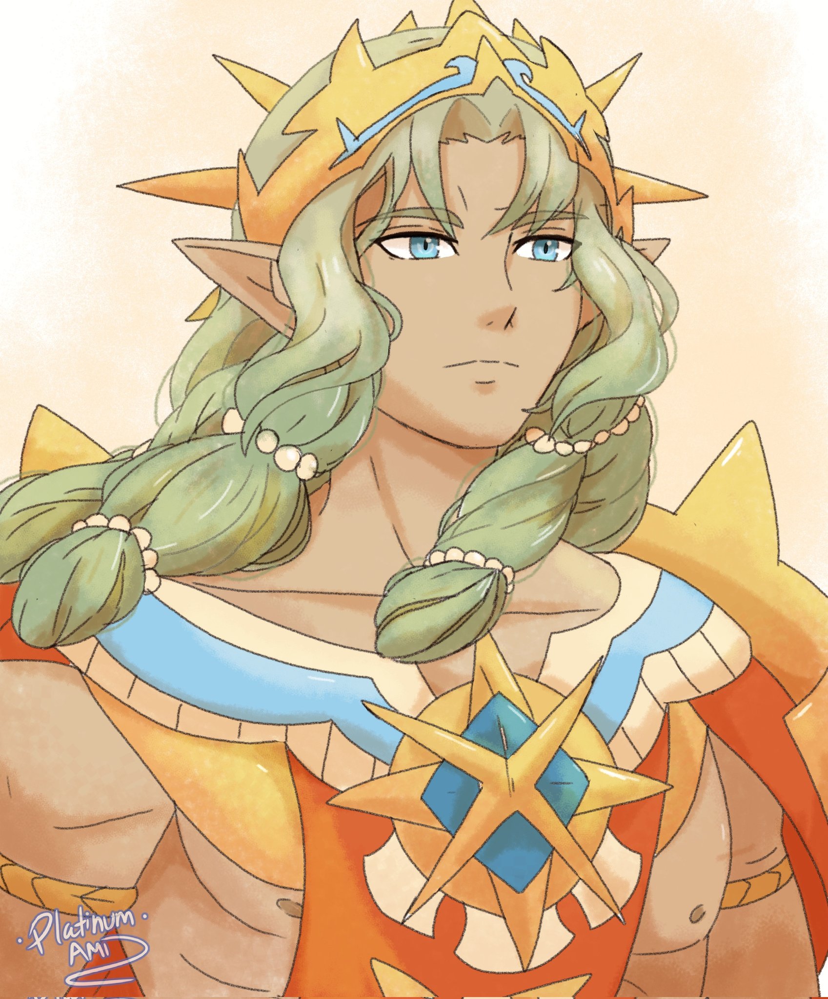 platinum ami, fire emblem, fire emblem: fortune's weave, nintendo, character request, commentary, highres, 1boy, blue eyes, closed mouth, crown, green hair, long hair, male focus, nipples, pointy ears, solo, upper body