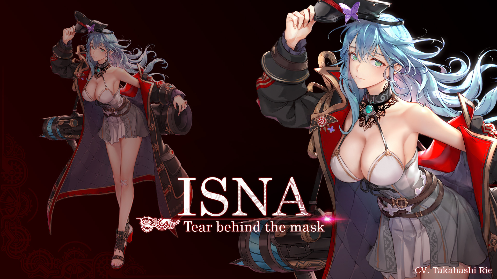 ezu (leejiyu), king's raid, commentary request, highres, korean commentary, official art, 1girl, bandage on knee, bare legs, belt, black coat, black hat, black ribbon, black sandals, blue hair, bra, breasts, brown belt, bug, butterfly, butterfly hat ornament, cannon, cleavage, coat, crossed bandaids, dress, english text, full body, gem, green eyes, green gemstone, grey dress, hat, hat ornament, high heel sandals, holding, holding unworn clothes, holding unworn hat, insect, isna (king's raid), large breasts, long hair, multiple views, red sandals, ribbon, sandals, scope, skirt, smile, underwear, unworn hat, unworn headwear, weapon, weapon on back, white bra, white skirt