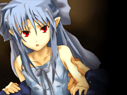 tententensan, saya (saya no uta), white len (tsukihime), melty blood, saya no uta, tsukihime, type-moon, arm grab, bad id, bad pixiv id, lowres, 1girl, crossover, flat chest, parody, pointy ears, red eyes, solo focus, style parody