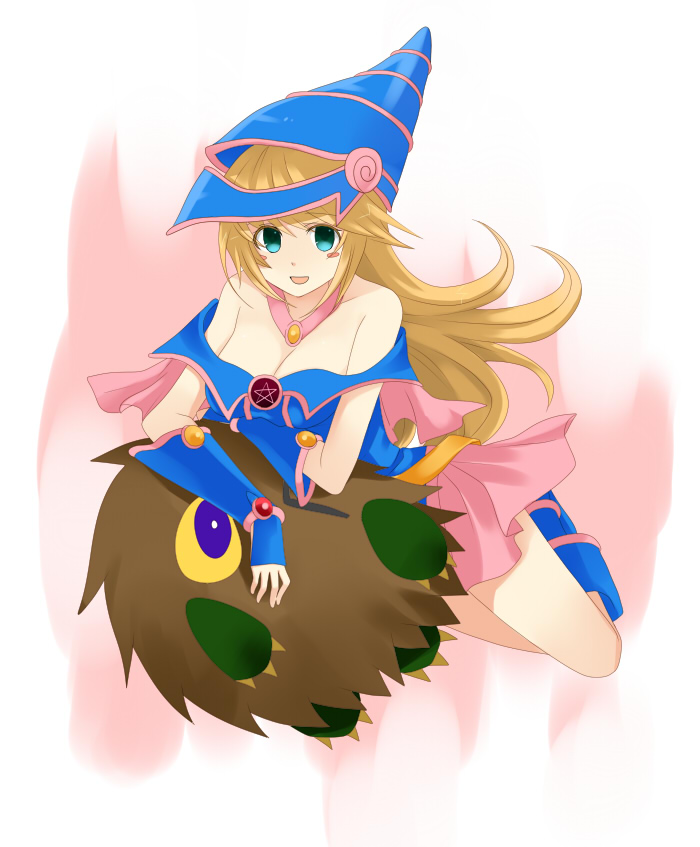 mir (artist), mir (pixiv), dark magician girl, kuriboh, yu-gi-oh!, yu-gi-oh! duel monsters, bad id, bad pixiv id, 1girl, aqua eyes, bare shoulders, blonde hair, blush, breasts, duel monster, female focus, hat, long hair, pentacle, skirt, solo
