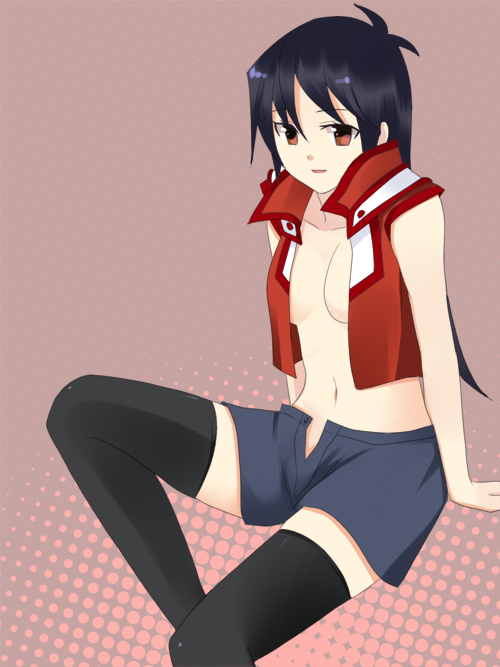 mir (artist), mir (pixiv), saotome rei, yu-gi-oh!, yu-gi-oh! gx, bad id, bad pixiv id, 1girl, breasts, brown eyes, duel academy uniform (yu-gi-oh! gx), female focus, long hair, no bra, open clothes, open shirt, osiris red uniform, school uniform, serafuku, shirt, sitting, skirt, solo, thighhighs, tomboy