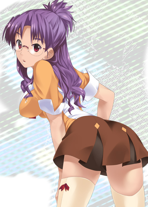 mizuki makoto, matsuura nanase, macross, macross frontier, 00s, ass, back, breasts, glasses, large breasts, looking back, purple hair, red eyes, school uniform, serafuku, solo, thighhighs