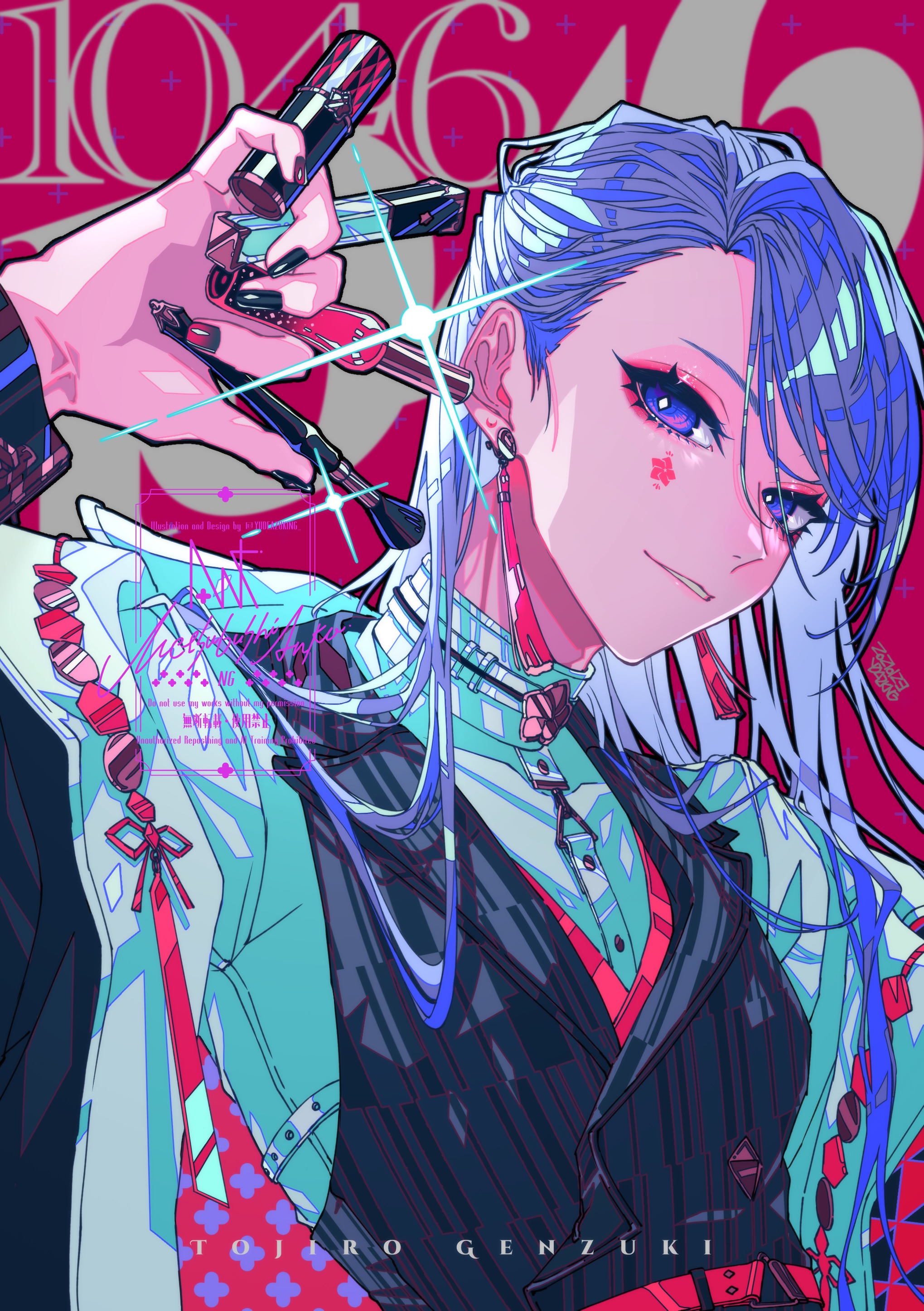 yudeazu king, genzuki toujirou, nijisanji, absurdres, highres, 1boy, belt, between fingers, black jacket, black nails, black vest, character name, collar, cosmetics, diffraction spikes, earrings, eyeshadow, facial mark, gradient nails, hair behind ear, hand up, holding, holding brush, holding lipstick tube, jacket, jewelry, leash, lipstick tube, long hair, long sleeves, looking at viewer, makeup, makeup brush, male focus, nail polish, nail polish bottle, off shoulder, open clothes, open jacket, parted lips, patterned clothing, pink belt, pink eyeshadow, pink nails, purple eyes, purple hair, red background, shirt, smile, solo, star (symbol), star facial mark, swept bangs, tassel, tassel earrings, text background, two-sided fabric, two-sided jacket, upper body, vest, virtual youtuber, white collar, white shirt