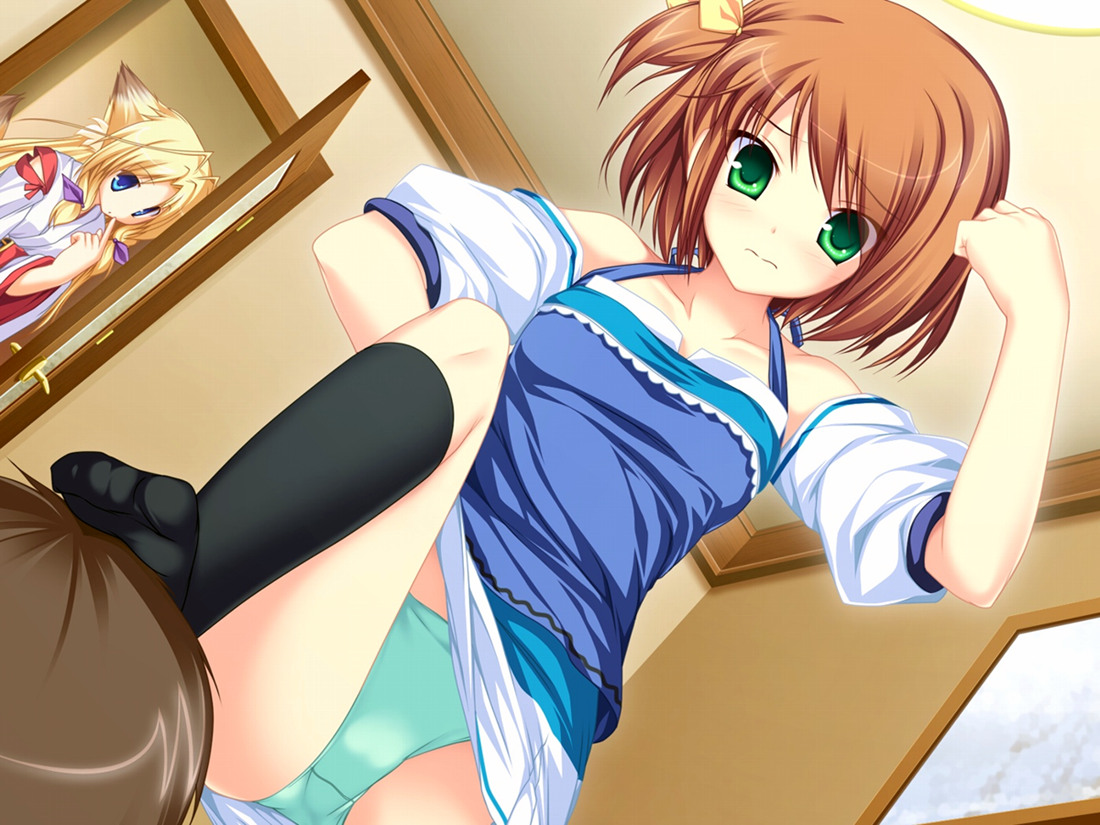 tenmaso, araki takuya, kamishiro mutsuki, midou chihiro, inakoi, 1boy, 1girl, angry, animal ears, bdsm, blonde hair, blue eyes, brown hair, cat ears, caught, feet, femdom, flexing, foot on head, footstool, green eyes, green panties, japanese clothes, kneehighs, long hair, miko, no shoes, panties, pantyshot, red hair, side ponytail, socks, trample, underwear, upskirt, walk-in
