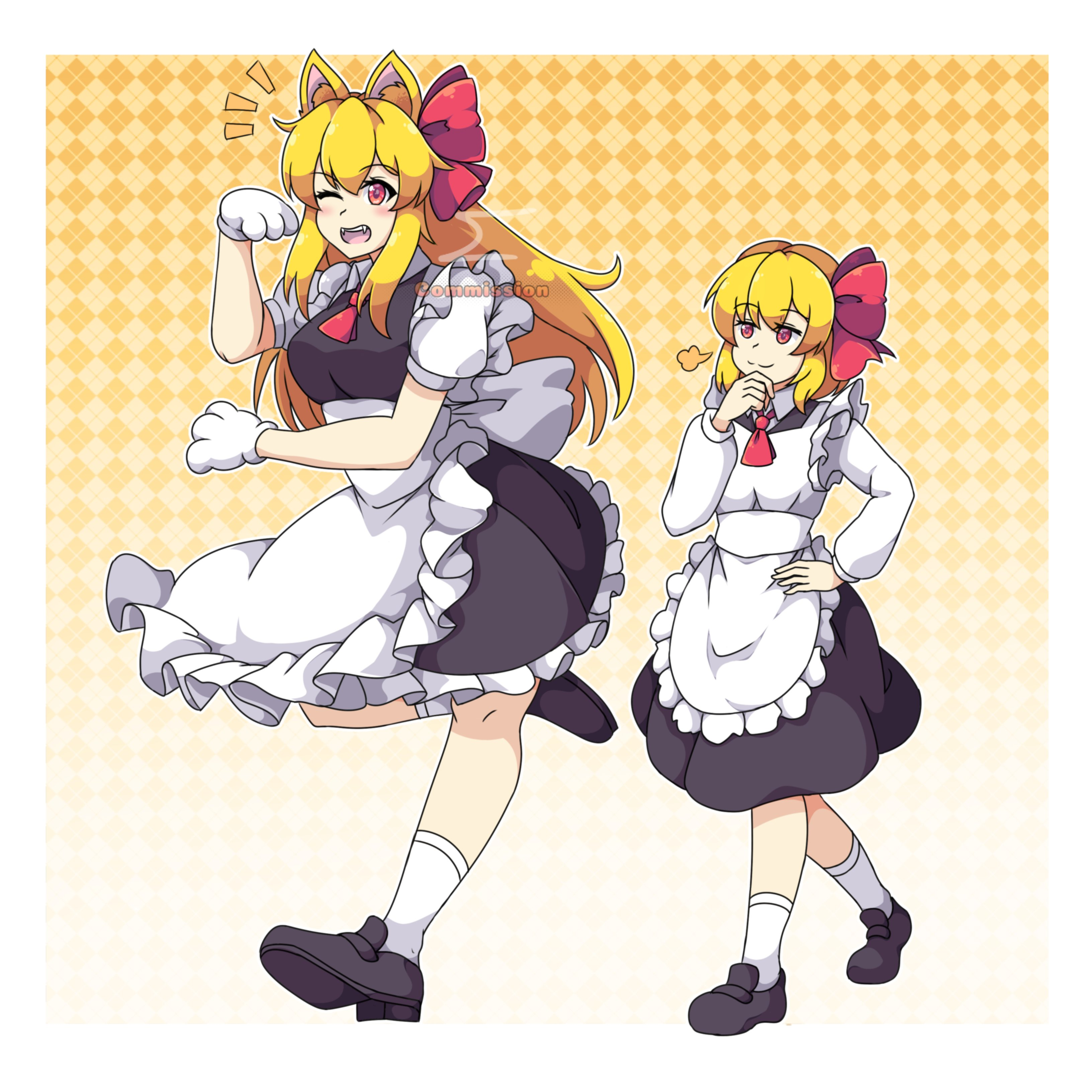neferkitty, ex-rumia, rumia, embodiment of scarlet devil, touhou, absurdres, highres, 2girls, animal ears, apron, ascot, black vest, blonde hair, blush, bow, cat ears, dress, fang, gloves, hair bow, hair ribbon, long sleeves, maid, maid apron, multiple girls, open mouth, osana reimu, red ascot, red eyes, red ribbon, ribbon, shirt, short hair, skirt, smile, vest, white shirt