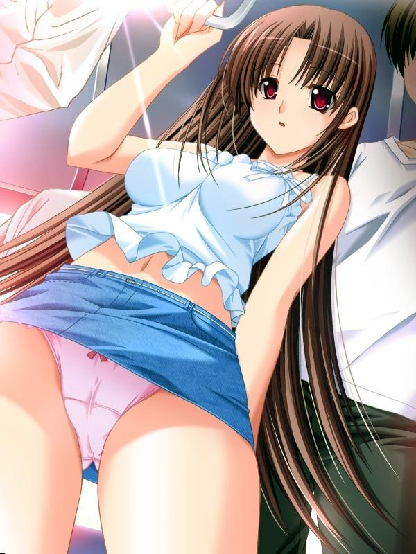 choco chip, shirakawa ryouko, anejiru, atelier kaguya, game cg, 00s, 1girl, bow, bow panties, breasts, brown hair, cameltoe, denim, denim skirt, female focus, from below, hand grip, holding hand grip, large breasts, long hair, miniskirt, panties, pantyshot, pencil skirt, pink panties, red eyes, shirt, skirt, solo, solo focus, standing, train, train interior, underwear, upskirt