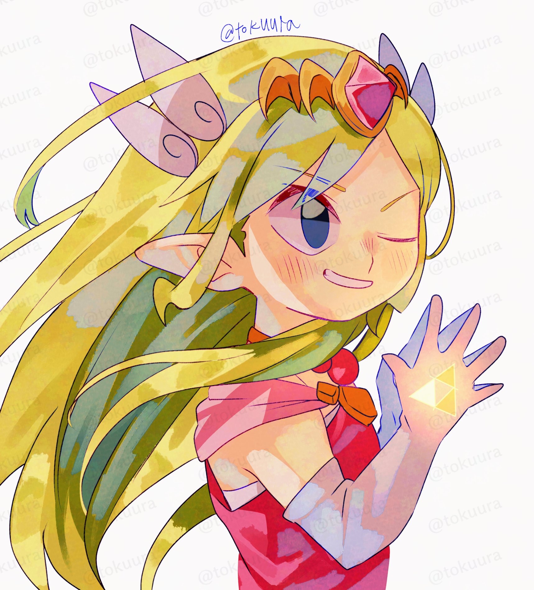 tokuura, princess zelda, toon zelda, nintendo, the legend of zelda, the legend of zelda: the wind waker, highres, 1girl, ;d, artist name, bead necklace, beads, blonde hair, circlet, dress, elbow gloves, gem, gloves, grin, jewelry, necklace, one eye closed, open mouth, own hands together, pink dress, pointy ears, red gemstone, simple background, smile, solo, steepled fingers, triforce, twitter username, upper body, watermark, watermark grid, white background, white gloves