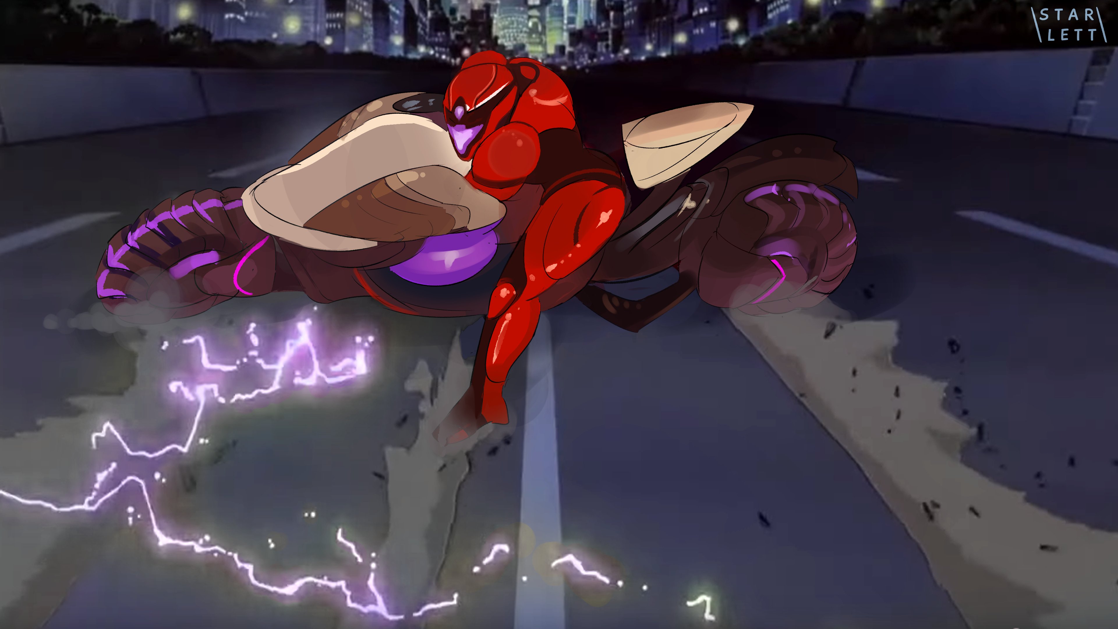 starlett, samus aran, metroid, metroid prime 4: beyond, nintendo, absurdres, commentary, english commentary, highres, 1girl, akira slide, arm cannon, armor, assault visor, dessert, drifting, food, highway, looking at viewer, motor vehicle, motorcycle, power suit (metroid), purple visor, shoulder armor, signature, solo, vi-o-la, vi-o-la suit, weapon