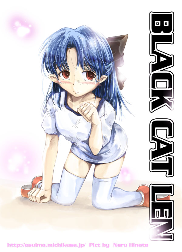 len (tsukihime), tsukihime, 00s, 1girl, all fours, character name, english text, female focus, half updo, pointy ears, solo, thighhighs, watermark