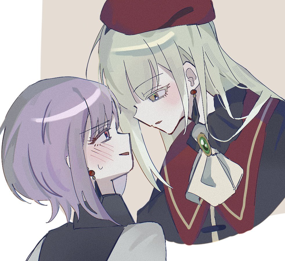 mdin4k, amoris (bang dream!), mortis (bang dream!), mortis (costume) (bang dream!), wakaba mutsumi, yuutenji nyamu, bang dream!, bang dream! it's mygo!!!!!, commentary, hashtag-only commentary, 2girls, blush, capelet, earrings, green brooch, green hair, grey shirt, hat, jewelry, long hair, multiple girls, parted lips, pink eyes, purple hair, red capelet, red hat, shirt, short hair, smile, yuri