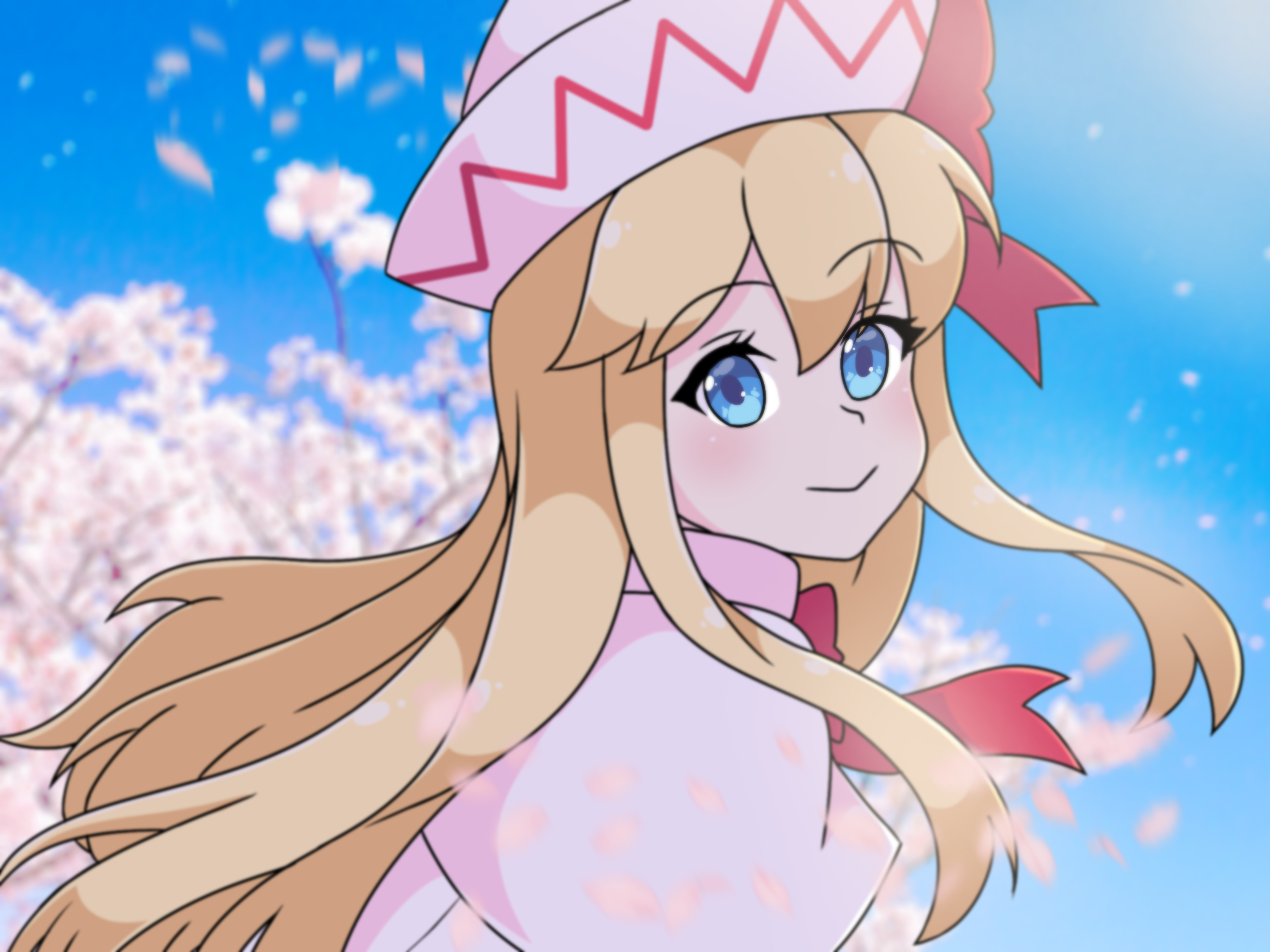 neferkitty, lily white, perfect cherry blossom, touhou, highres, 1girl, blonde hair, blue eyes, blush, bow, bowtie, capelet, dress, hair bow, hat, hat bow, looking at viewer, red bow, red bowtie, ribbon, smile, white capelet, white dress, white hat