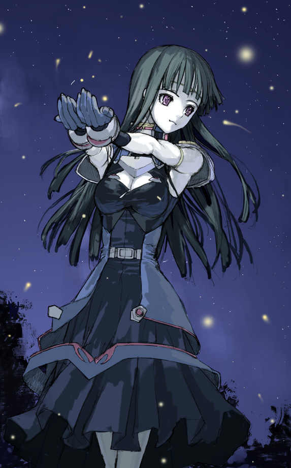 nakabayashi reimei, ouka nagisa, banpresto, original, super robot wars, super robot wars original generation, black hair, dress, long hair, night, night sky, sky, solo