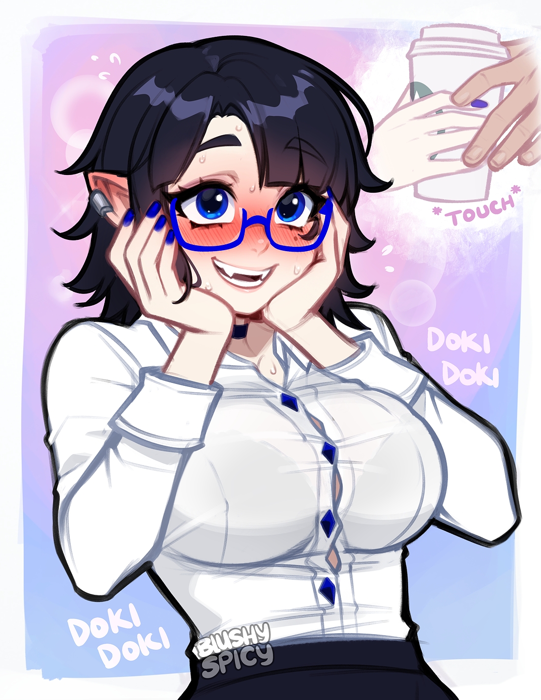 blushyspicy, vivian seong (blushyspicy), highres, 1girl, asymmetrical bangs, black hair, blue-framed eyewear, blue eyes, blue nails, blush, breasts, choker, cup, fangs, hands on own face, large breasts, long sleeves, office workers (blushyspicy), pointy ears, shirt, smile, solo focus, sweat, teeth, tight clothes, tight shirt