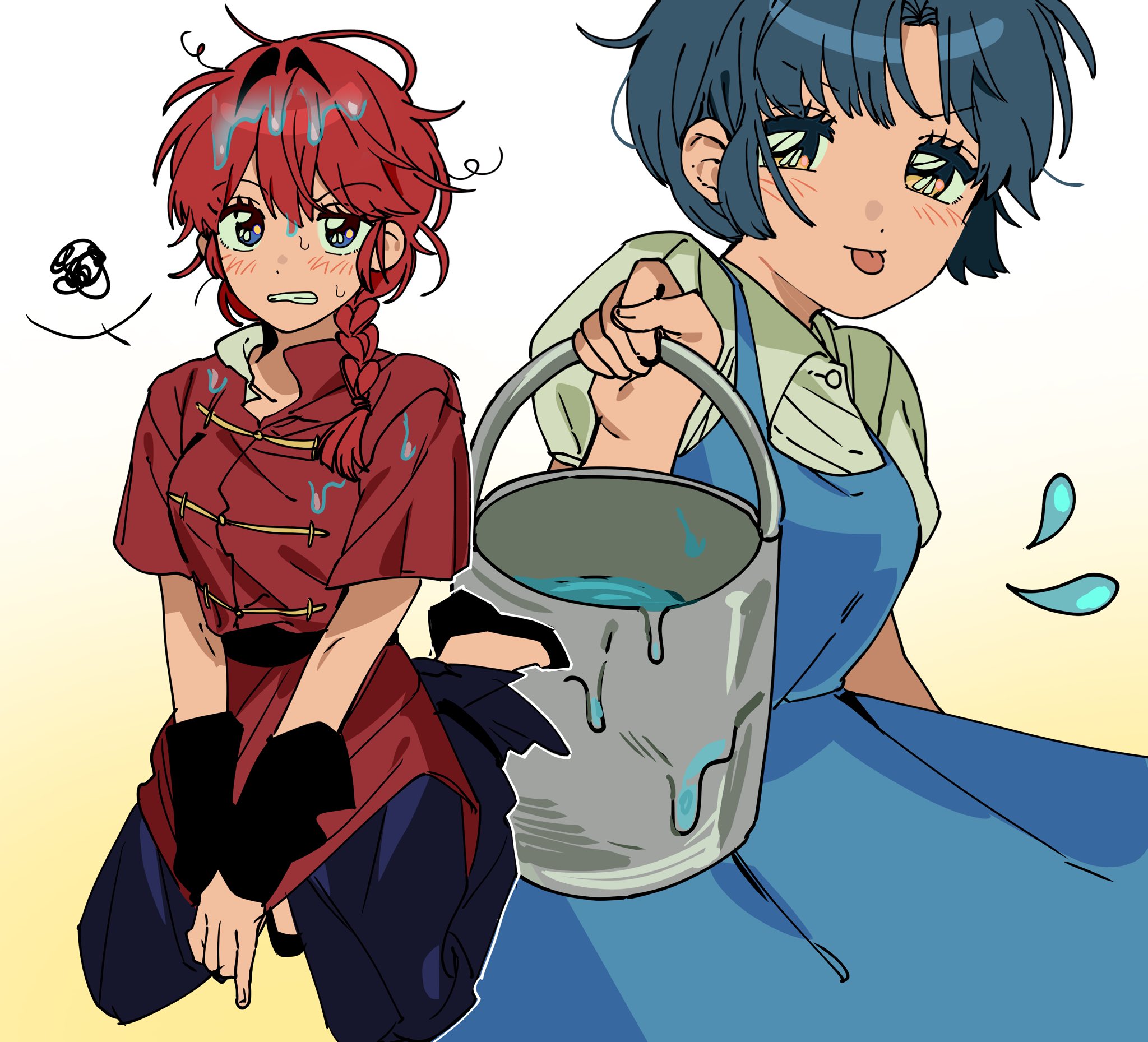 jay 03010, ranma-chan, tendou akane, ranma 1/2, highres, 2girls, blue eyes, blue hair, braid, braided ponytail, breasts, bucket, chinese clothes, fuurinkan high school uniform, hair between eyes, multiple girls, red hair, school uniform, short hair, tangzhuang, teeth, tongue, tongue out, water, yellow eyes