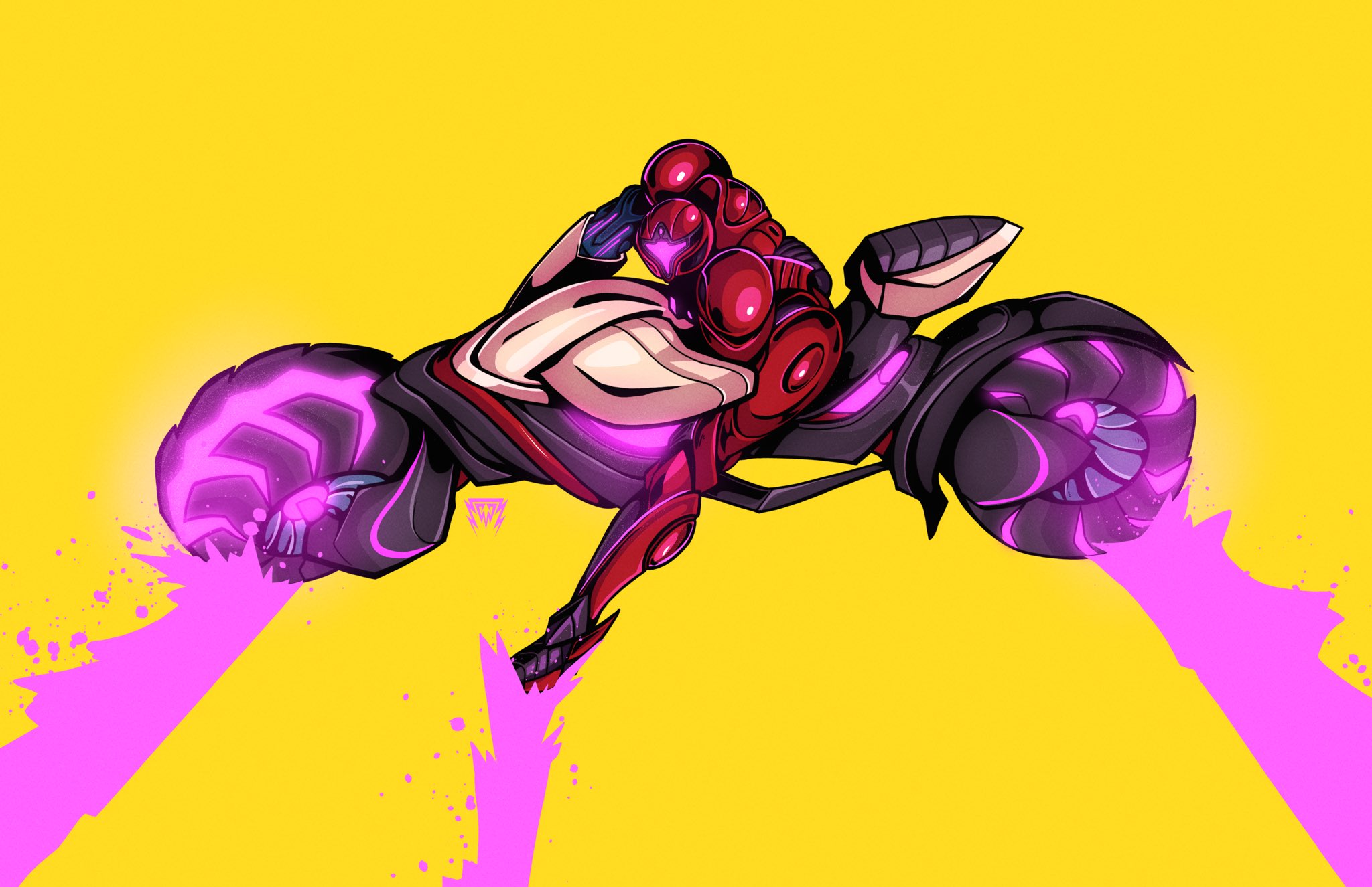 patmakesart, samus aran, metroid, metroid prime 4: beyond, nintendo, commentary, highres, 1girl, akira slide, arm cannon, armor, assault visor, drifting, looking at viewer, motor vehicle, motorcycle, power suit (metroid), purple visor, shoulder armor, solo, vi-o-la, vi-o-la suit, weapon, yellow background