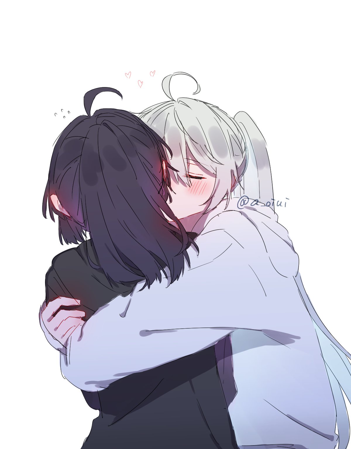 a oiui, kiana kaslana, raiden mei, honkai (series), honkai impact 3rd, commentary request, highres, 2girls, black hair, black hoodie, blush, closed eyes, flying sweatdrops, heart, hood, hoodie, hug, kiss, kissing cheek, long hair, multiple girls, ponytail, purple hoodie, simple background, twitter username, white background, white hair, yuri
