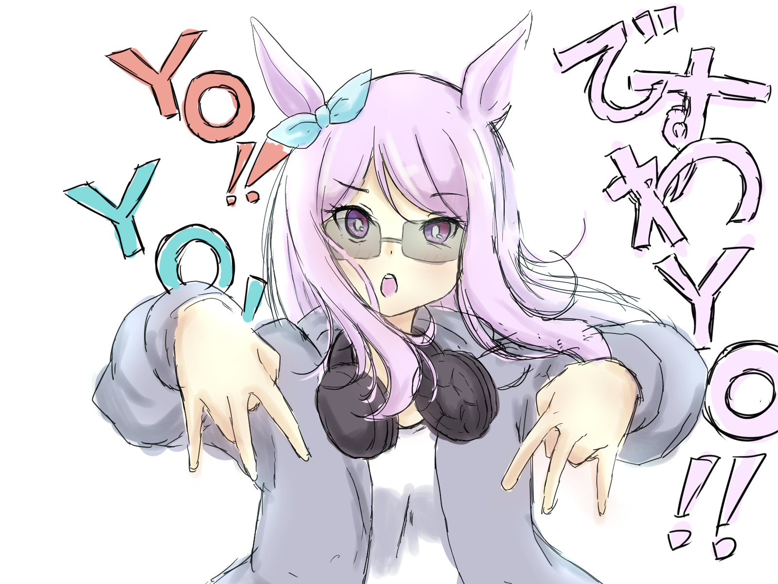 norippe (user zgsf8872), mejiro mcqueen (umamusume), umamusume, commentary request, highres, 1girl, animal ears, grey-tinted eyewear, grey jacket, headphones, headphones around neck, horse ears, jacket, long hair, long sleeves, open clothes, open jacket, open mouth, puffy long sleeves, puffy sleeves, purple eyes, purple hair, simple background, solo, swept bangs, tinted eyewear, upper body, white background