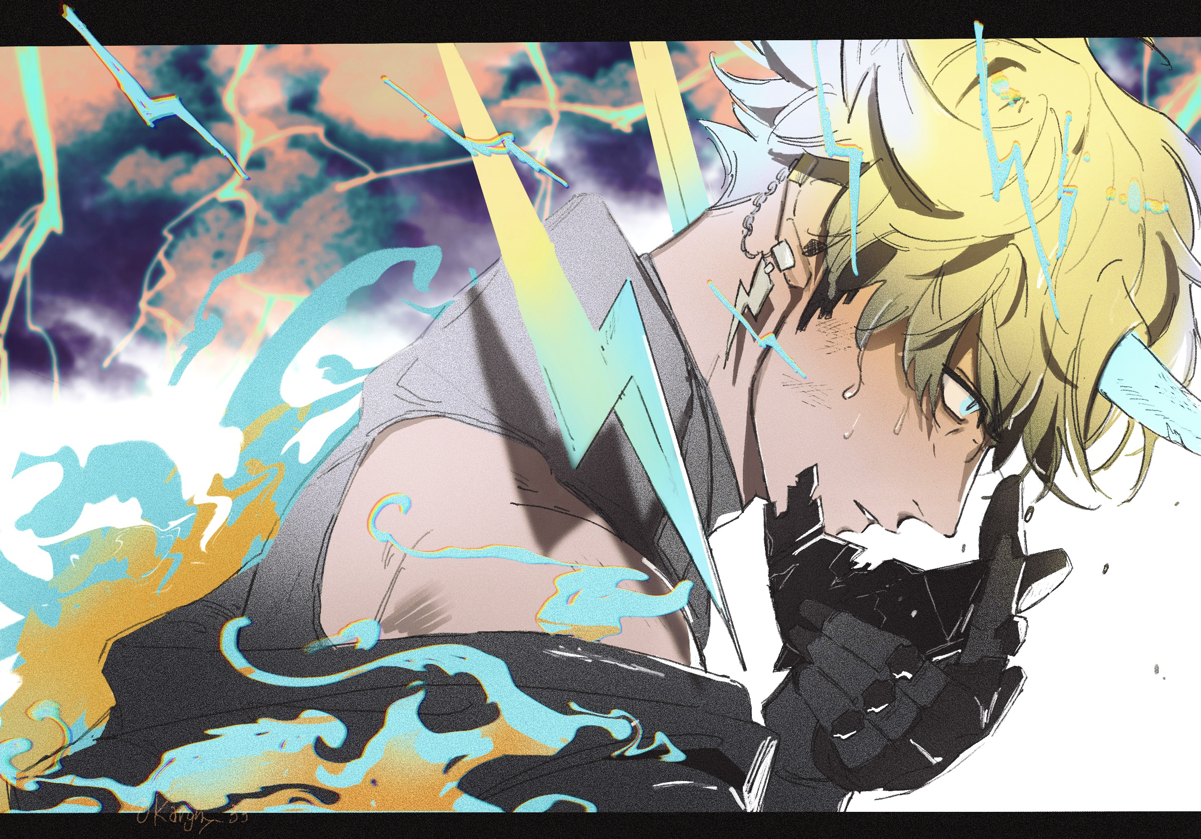 usami rito, nijisanji, commentary request, highres, 1boy, angry, black gloves, black mask, blonde hair, blue background, blue eyes, earrings, from side, gloves, grey jacket, grey shirt, horns, jacket, jewelry, karghy, letterboxed, lightning bolt earrings, lightning bolt symbol, male focus, mask, mouth mask, pink background, shirt, single horn, sleeveless, sleeveless shirt, solo, sweat, upper body, virtual youtuber, white background