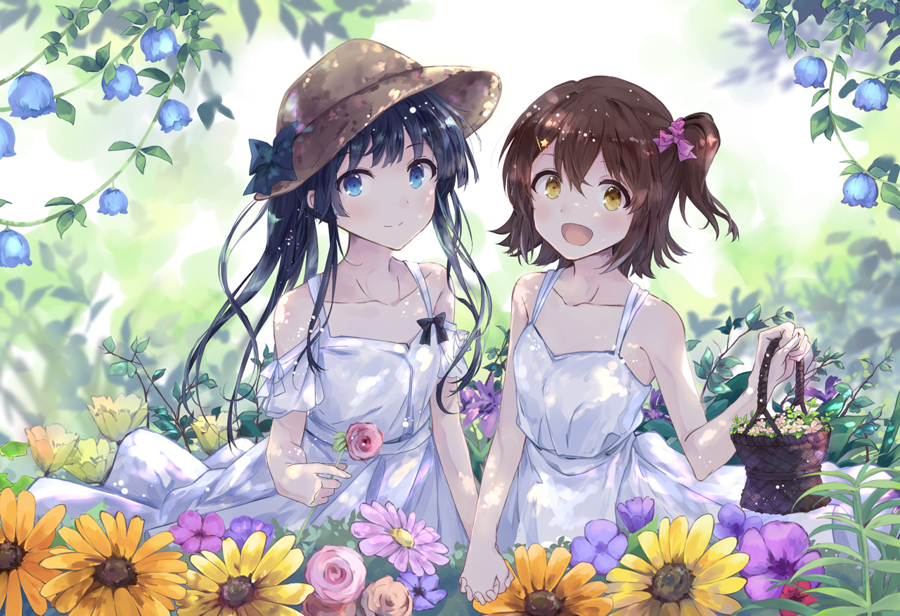 shirotsuki (dora77511), kasuga mirai, mogami shizuka, idolmaster, idolmaster million live!, 2girls, basket, black hair, blue eyes, blue flower, brown hair, closed mouth, collarbone, day, dress, flower, holding, holding basket, looking at viewer, multiple girls, one side up, open mouth, outdoors, pink flower, pink rose, purple flower, rose, short hair, smile, sundress, sunflower, white dress, yellow eyes, yellow flower