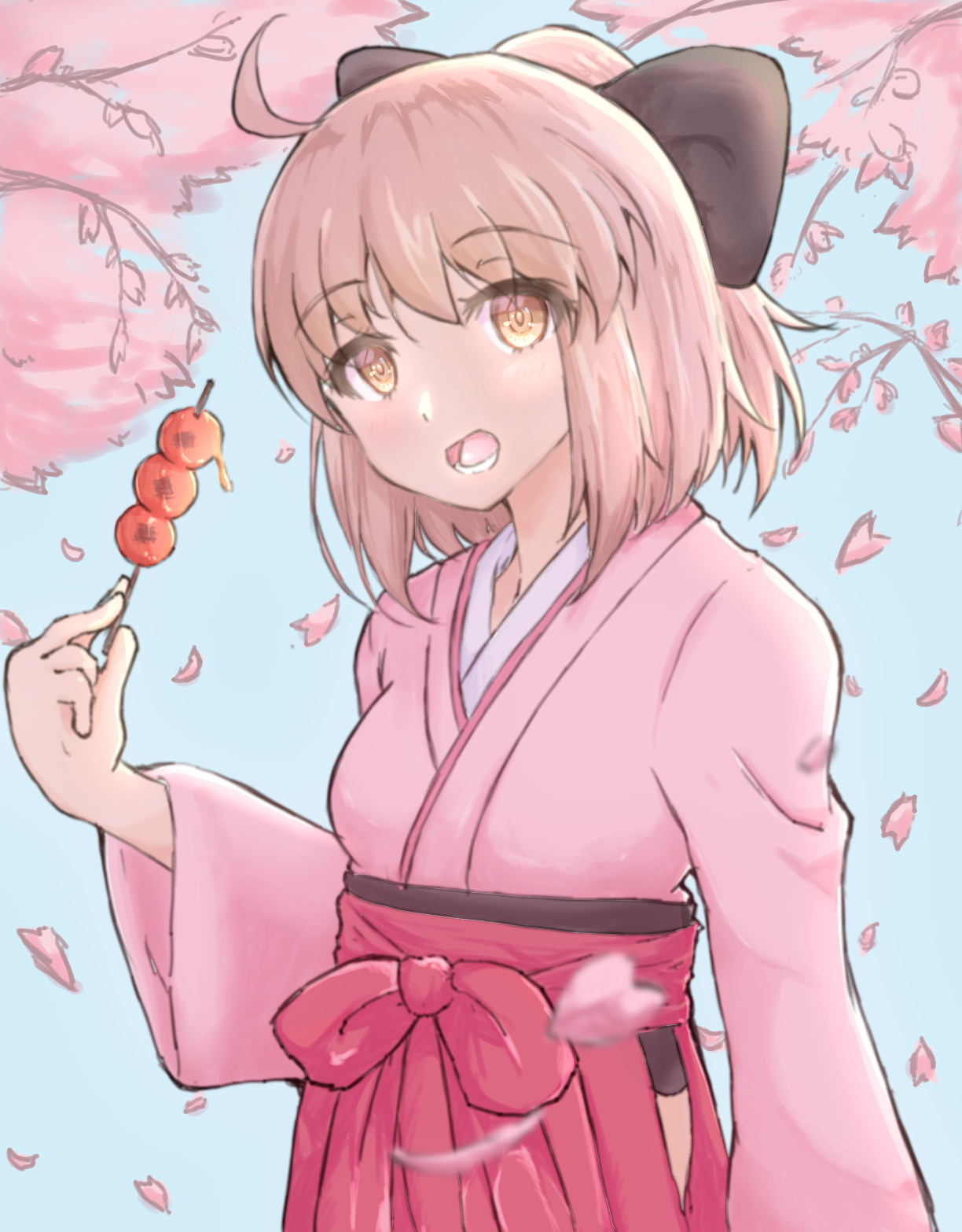norippe (user zgsf8872), okita souji (fate), okita souji (koha-ace), fate (series), koha-ace, commentary request, highres, 1girl, :d, black bow, blue sky, bow, branch, breasts, brown eyes, brown hair, day, food, hair bow, hakama, holding, holding food, japanese clothes, kimono, long sleeves, looking at viewer, open mouth, outdoors, petals, pink kimono, ponytail, red hakama, sky, small breasts, smile, solo, wide sleeves