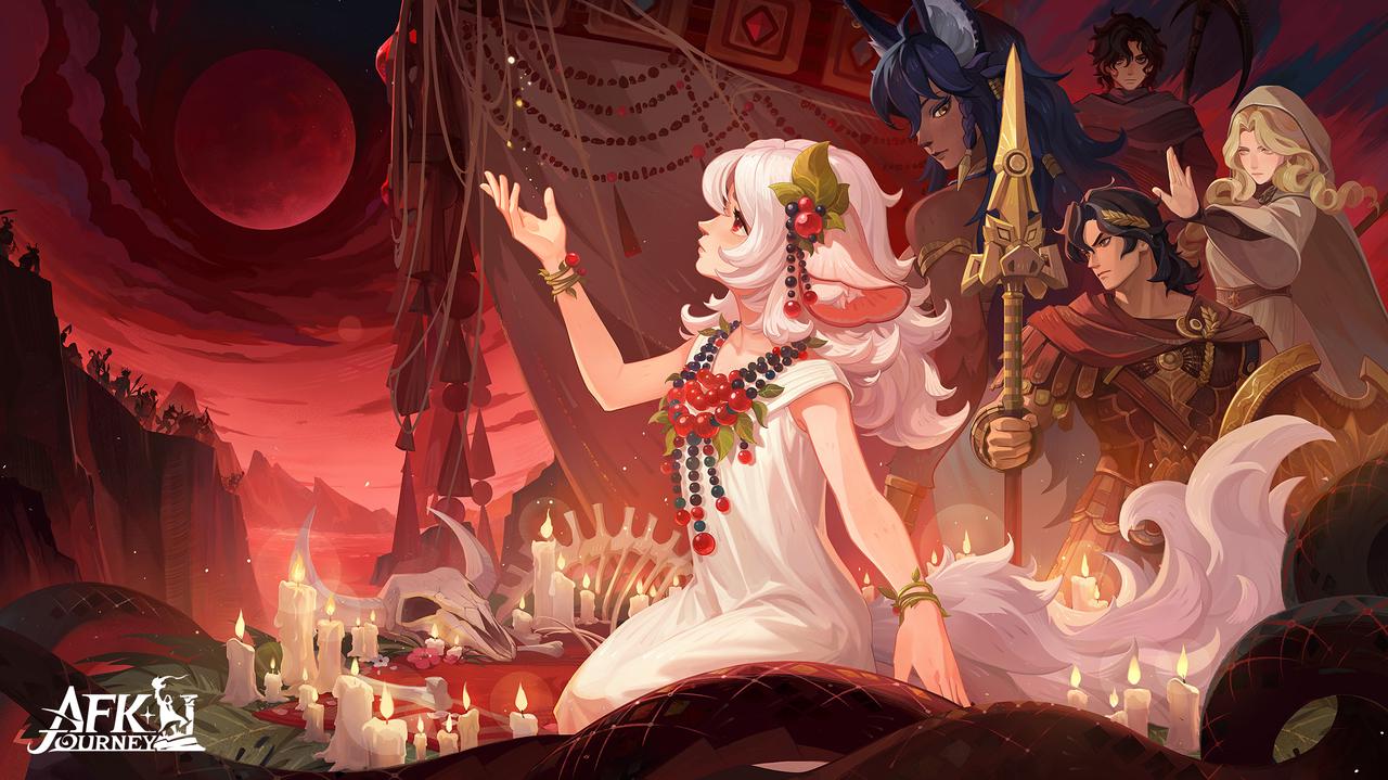 afk (series), afk journey, character request, commentary, english commentary, official art, 2boys, 3girls, animal ears, animal skull, armor, belt, black hair, blonde hair, bracelet, brown robe, candle, candlelight, cape, closed mouth, collar, copyright logo, cow skull, dress, hand up, holding, holding polearm, holding weapon, hooded robe, jewelry, long hair, looking back, looking up, moon, multiple boys, multiple girls, outstretched arm, people, polearm, purple hair, red cape, red eyes, robe, short hair, sleeveless, sleeveless dress, spear, spine, weapon, white dress, white hair