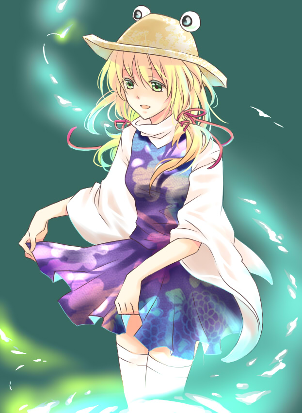 asababa, moriya suwako, touhou, bad id, bad pixiv id, 1girl, blonde hair, dress, female focus, gradient background, green eyes, hat, ribbon, short hair, solo, thighhighs