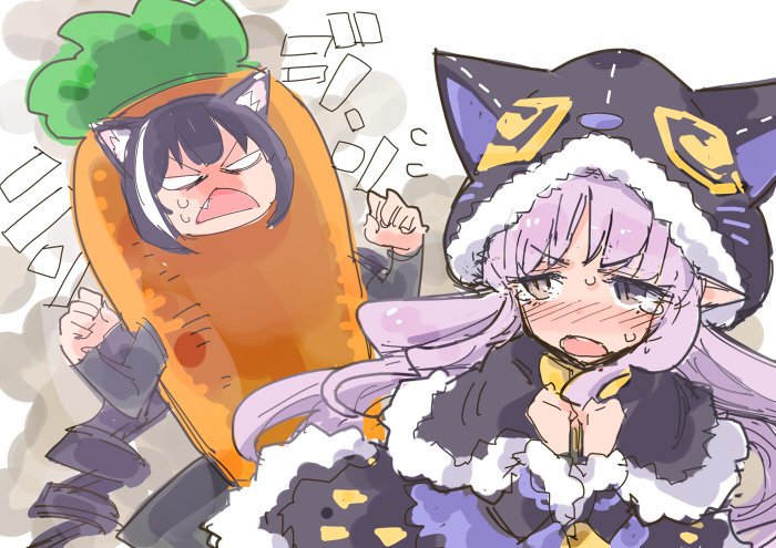 ito ryo, karyl (princess connect!), kyoka (halloween) (princess connect!), kyoka (princess connect!), princess connect!, commentary request, translation request, 2girls, :<, animal ears, black capelet, black dress, black hair, blank eyes, blush, capelet, carrot costume, cat ears, cat girl, clenched hands, crying, crying with eyes open, dress, flying sweatdrops, frown, fur-trimmed capelet, fur-trimmed dress, fur-trimmed hood, fur trim, grey eyes, hood, hood up, long sleeves, multicolored hair, multiple girls, nervous sweating, nose blush, open mouth, purple hair, scared, streaked hair, sweat, tears, triangle mouth, v-shaped eyebrows, white hair