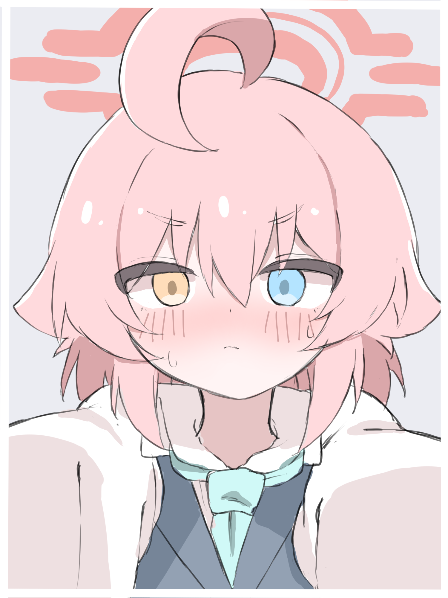 norippe (user zgsf8872), hoshino (blue archive), hoshino (first year) (blue archive), blue archive, highres, 1girl, ahoge, blue eyes, blue necktie, blush, closed mouth, collared shirt, grey background, hair between eyes, halo, heterochromia, long sleeves, necktie, pink hair, shirt, simple background, small sweatdrop, solo, sweat, white shirt, yellow eyes